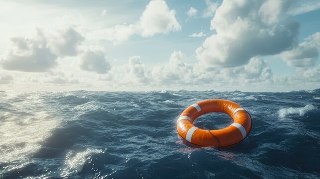 Bright Orange Lifebuoy Floating on the Calm Ocean Water Under Clouds