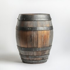 Rustic wooden barrel with iron bands, isolated on white.