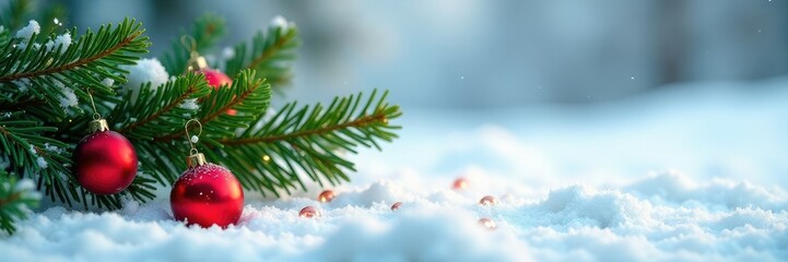 Evergreen fir branches with red balls scattered on a winter snowy scene, winter, festive, evergreen