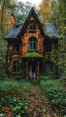 Obraz premium Overgrown fairytale house in autumn forest; path leads to front door; background of trees; ideal for fantasy, Halloween, or real estate