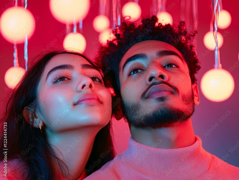 Aufkleber contemporary led light art show indian couple under color-changing orbs - immersive experience and d
