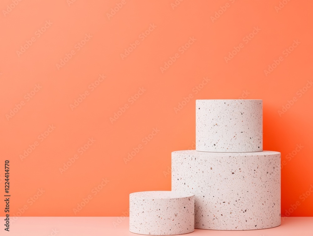 Poster textured terrazzo platforms on coral background modern minimalist display for retail branding and de