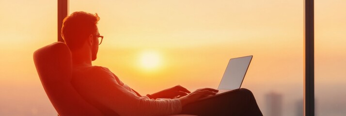 Sunset Co-Working Space Urban Loft with Person on Laptop and City Skyline - Trendy Remote Work Solution and Digital Nomad Lifestyle in Modern Entrepreneurship