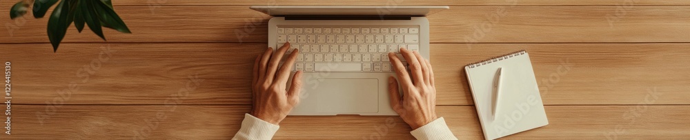 Aufkleber Minimalist Digital Workspace Hands Typing on Laptop on Wooden Surface with Notepad - Remote Productivity in Modern Office Environments for Flexible Workforces
