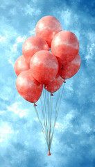 Red balloons float against a blue sky, symbolizing celebration and joy; ideal for celebratory events