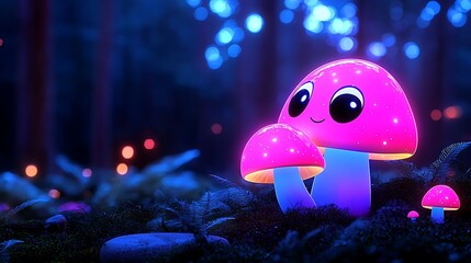 Enchanted Forest with Glowing Pink Mushroom at Night