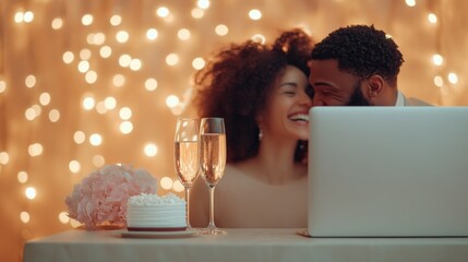 Intimate Virtual Wedding Afro-Caribbean Couple Laughing Over Zoom with String-Lit Decor, Champagne and Cake - Modern Romance for Tech-Savvy Ceremonies and Lifestyle Content