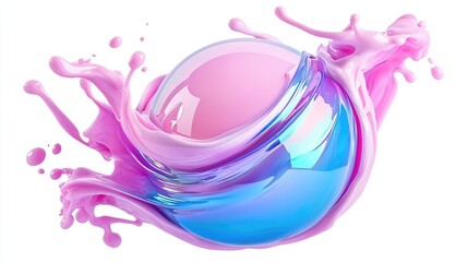 Pink and blue liquid sphere splash, dynamic motion, white background, abstract design for advertising