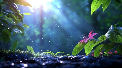 Enchanted Forest with Sunlight and Rain