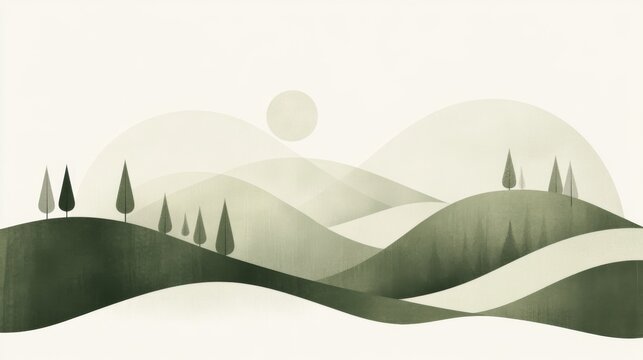 Abstract minimalist landscape illustration of rolling green hills, trees, and a sun.
