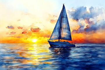 Naklejka premium Sailboat sunset ocean travel scenic painting artwork