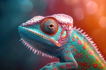 Fototapeta premium Close up of colorful chameleon eye and skin patterns in hyper-realistic digital painting