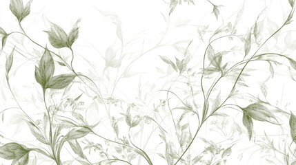 Delicate olive green botanical illustration on white background, featuring intricate floral details and flowing lines.