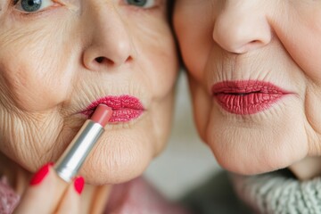 Generational Beauty Rituals Lipstick Application on Mature Skin for Intergenerational Bonding - Vibrant Lipcare Imagery and Inclusive Beauty Marketing Campaigns