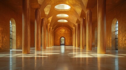 Obraz premium Vast exhibition hall with golden columns resembling corn stalks inside Corn Tower