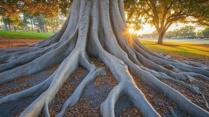 Majestic Tree Roots at Sunset in Park Setting