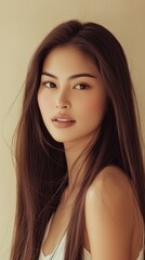 Naklejka premium An enchanting Asian model poses gracefully against a soft, neutral backdrop, highlighting her long straight hair and radiant features. The ambiance radiates a sense of calm and poise