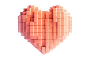 Abstract pink cubic pixel heart shape, isolated on white transparent background. Concept of love, technology, and modern design