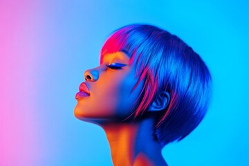 Short haircut - multicolored hair. Lovely calm mixed-race girl - for ads, media and social media promotion use. Commercial commercial conceptual art. Chic portrait campaigns. Fashionable woman.
