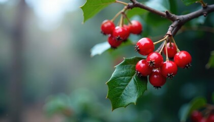 Fototapeta premium Deep red holly berries hanging from a bare branch, Winter Berries, Ornament