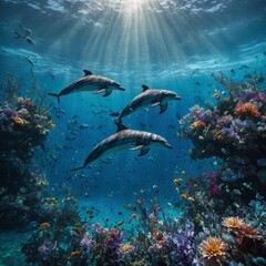 Obraz premium Dolphins swimming in a magical underwater realm filled with glowing, crystal flowers.