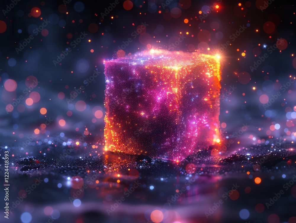 Poster Luminous Cube of Shimmering Particles on a Dark Surface