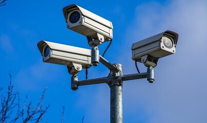 Three security cameras on a pole against a blue sky, monitoring an area with trees
