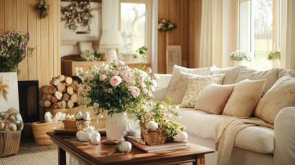Cozy Spring Living Room with Floral Decor and Natural Light
