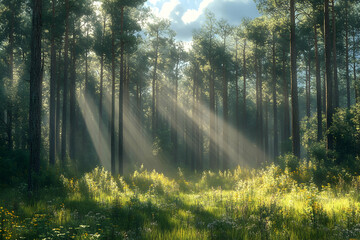 Obraz premium Sunbeams illuminate a tranquil pine forest clearing, creating a serene and magical atmosphere; ideal for nature documentaries or calming backgrounds