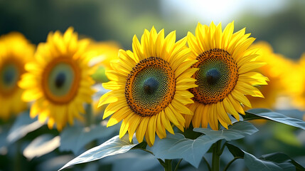 Naklejka premium Sunflowers blooming in a field at sunset, nature background for summer designs