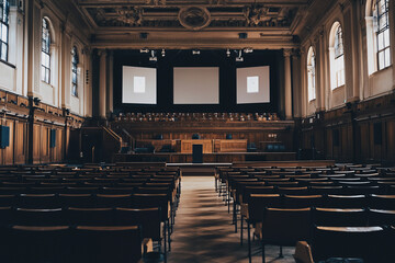 Elegant conference hall with empty seats, large screens, and a podium, ready for an event