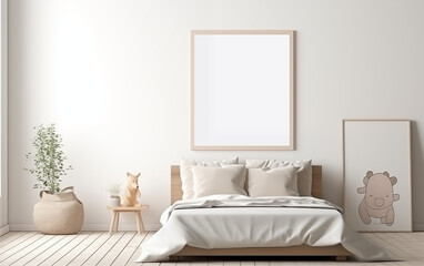 blank 9:6 ratio frame for mockup adversitement hanging on the wall with aesthetic modern style childern badroom