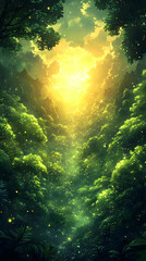 Sunlit forest path, mountain valley, glowing fireflies, fantasy landscape, background for game or book