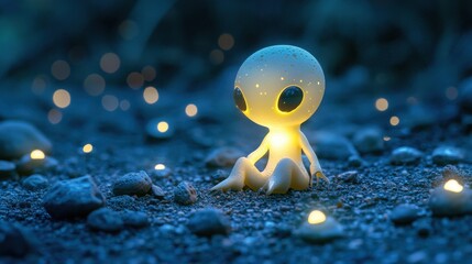 A whimsical art toy shaped like a cute alien creature, glowing softly on the moons surface, surrounded by tiny lunar rocks. 
