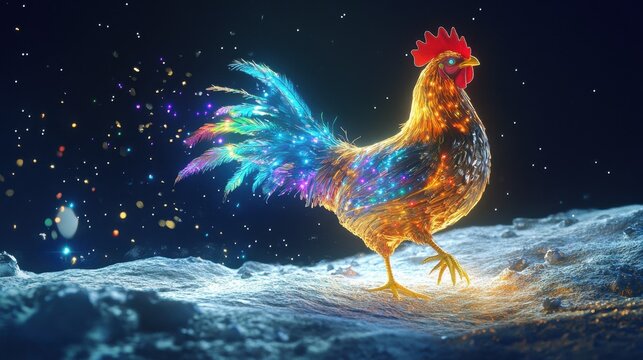 A whimsical chicken with glowing feathers, walking across the moon's surface, leaving a trail of colorful stardust. - Powered by Adobe