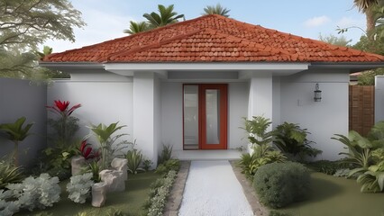Front garden with tropical plants, grey walls with white details, and a red tiled roof.
