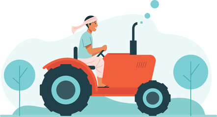 Indian Farmer Driving Tractor Illustration Shows a farmer confidently driving a tractor through a rural landscape.