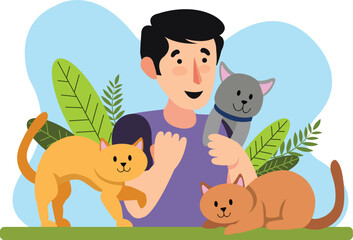 Man with Two Cats and Pet Care Illustration Depicts a man with two cats, showing love and attention while providing care.