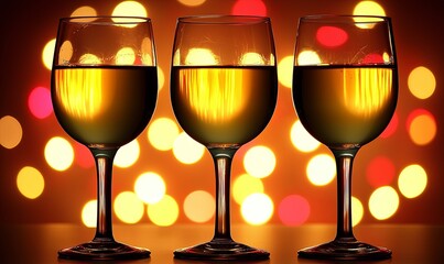 Three wine glasses with golden liquid against bokeh lights, ideal for celebration themes