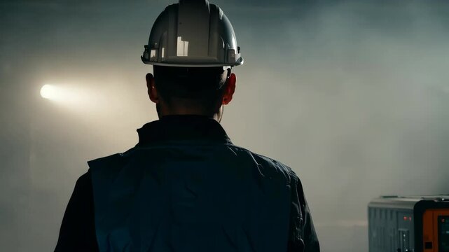 Industrial worker in action: man in work clothes performing tasks in factory setting