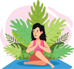 Yoga Meditation Illustration with Woman and Nature Background Highlights a woman meditating outdoors surrounded by nature, such as trees and mountains.