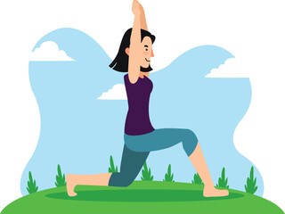 Yoga Workout Pose Illustration with Woman Exercising Outdoors Features a woman performing yoga poses in an open, sunny outdoor space.