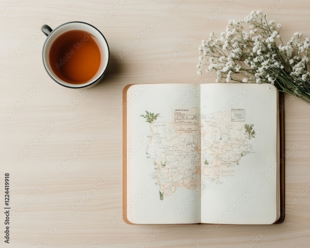 Poster handwriting adventure hand-drawn maps and pressed botanicals in travel journal on wood desk - enhanc