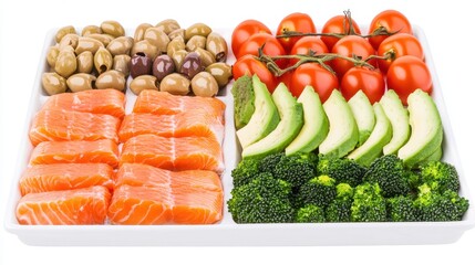 Colorful platter of fresh vegetables, olives, and salmon arranged neatly for a healthy meal