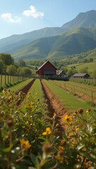 Naklejka premium Peaceful Countryside Farm with Red Barn, Lush Green Fields, and Vibrant Flowers Under a Clear Blue Sky