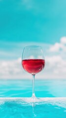 Elegant red wine glass resting beside a serene blue pool under a sunny sky