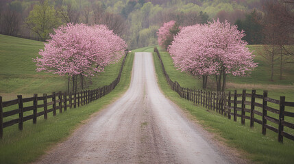 Serene Country Road with Blooming Cherry Trees