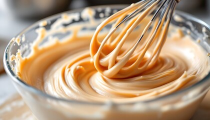Create a hyper-realistic 8k image of cake batter being whisked in a clear glass bowl. The whisk is captured mid-motion, with the batter visibly swirling around it. The batter has a slightly 