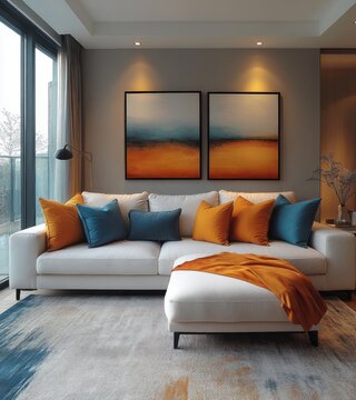 Modern Living Room Interior Design with White Sofa Colorful Cushions and Abstract Art