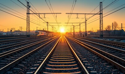 Fototapeta premium Train tracks at sunset, industrial background